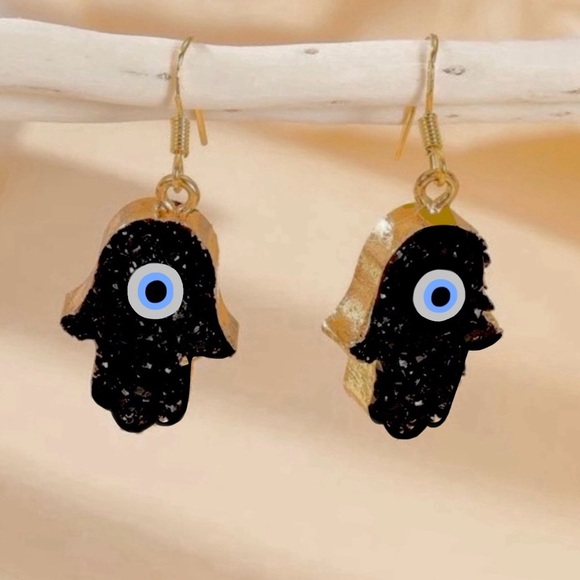 “Hamsa” Evil Eye Black Druzy Geode Sparkly Gold Dipped Protection Pray Earrings - Picture 2 of 5